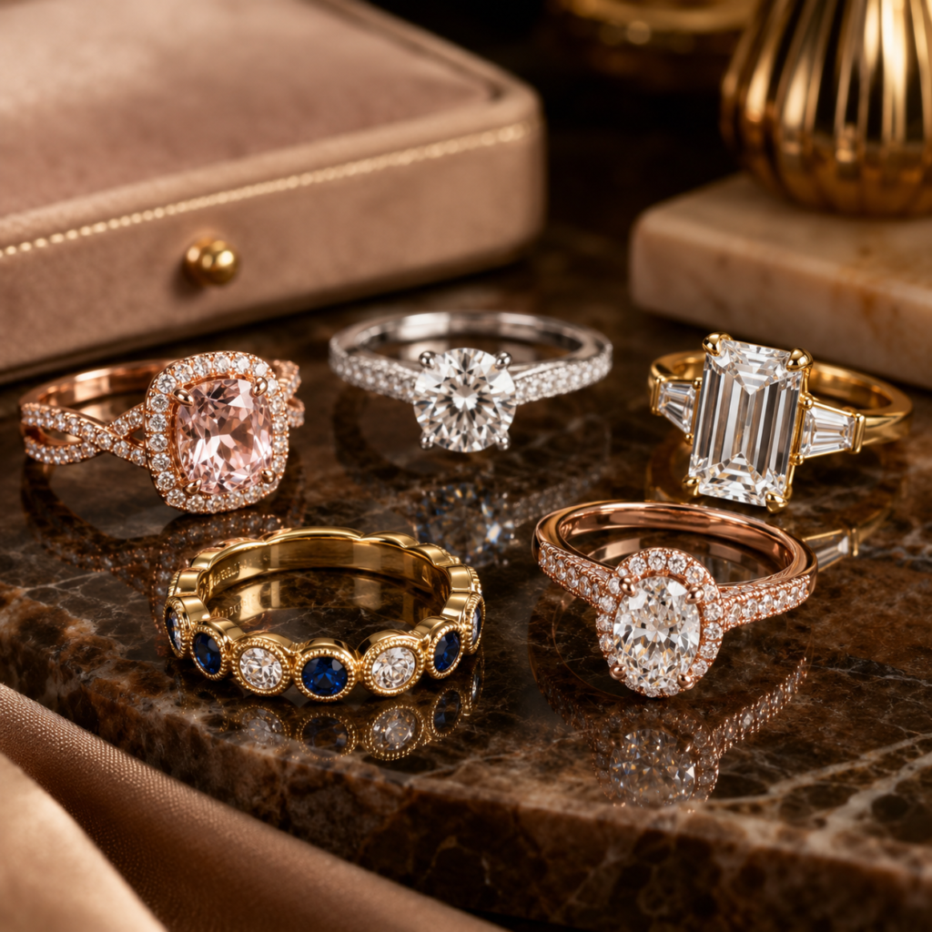 High-End Rings with diamond, gemstone, gold, rose gold, and white gold designs displayed on a luxury marble surface