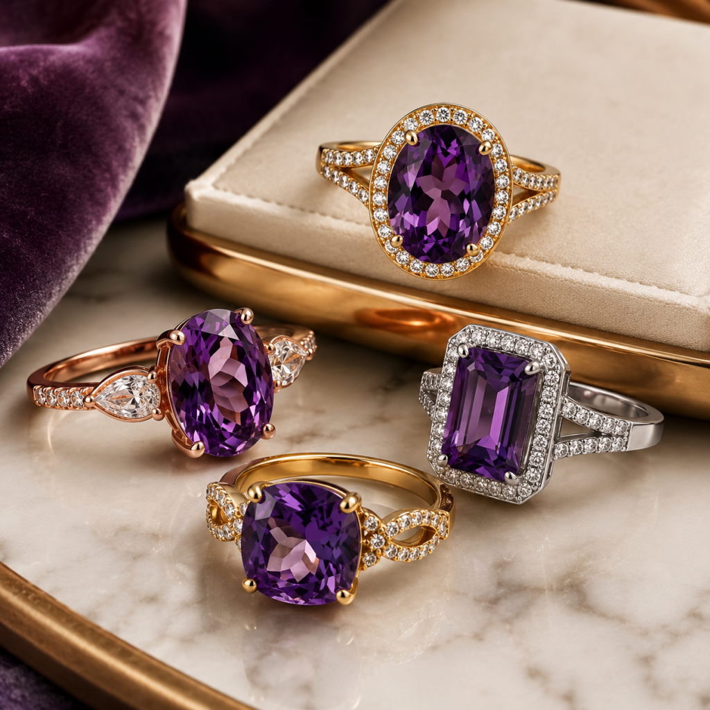 Amethyst rings with purple gemstones in gold, rose gold, and white gold settings on a luxury marble display