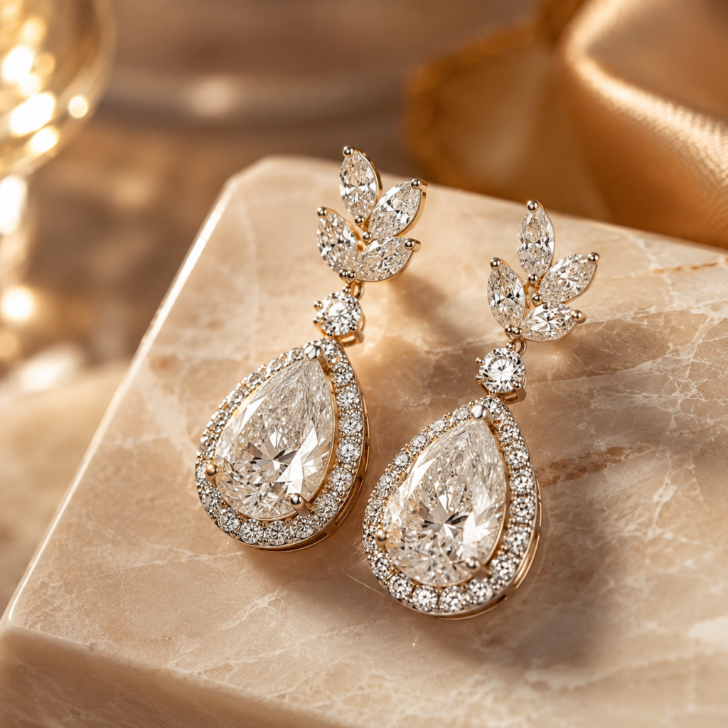 Luxury Jewelry Guide: Fine & Designer Jewelry 49 Luxury jewelry luxury earrings with diamond drop design in gold setting on a warm marble display