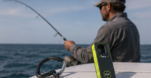 Satellite Communicator 15 ACR Bivy Stick satellite communicator positioned on a fishing boat while an angler fishes offshore.