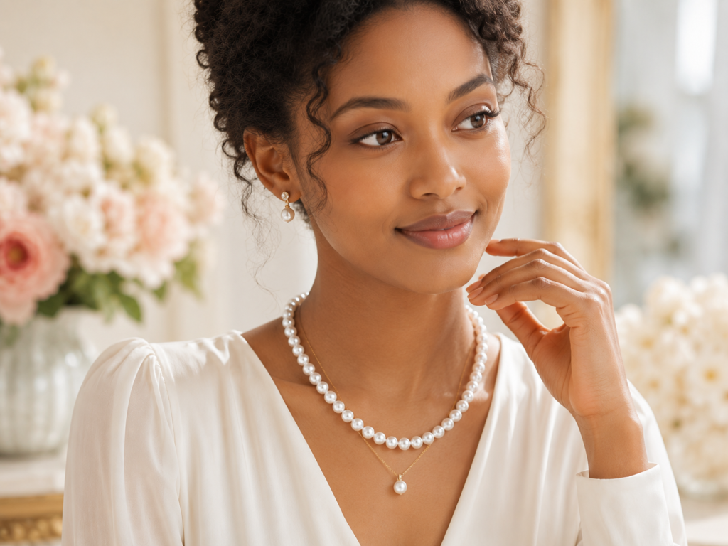 Akoya pearl necklace worn by an elegant model in a soft luxury setting, featuring round white pearls with luminous mirror-like luster.