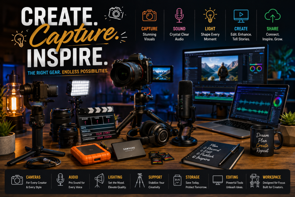 Best creator gear setup featuring essential equipment for content creators including camera, microphone, lighting, and editing tools on a modern desk workspace