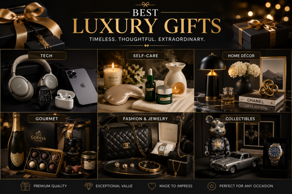 Luxury Lifestyle Gifts: Premium Gift Ideas for Every Occasion and Lifestyle 3 Best luxury gifts featuring premium tech, self-care products, home décor, gourmet food, fashion and jewelry, and collectible items.