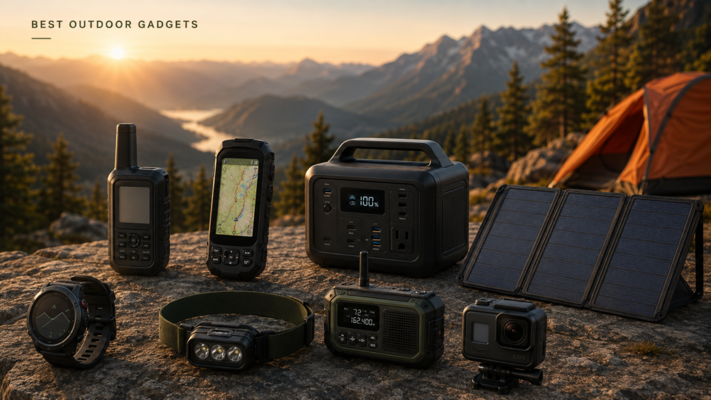 Best outdoor gadgets for camping and hiking displayed at a mountain campsite, including GPS device, satellite communicator, solar panel, power station, headlamp, smartwatch, radio, and action camera.