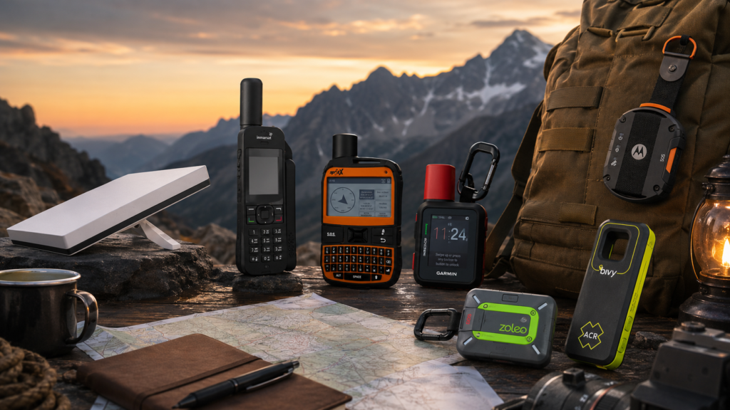 Satellite Communicator 1 Best satellite communicator devices displayed together at a mountain campsite, including Garmin inReach, ZOLEO, SPOT X, ACR Bivy Stick, Motorola Defy Satellite Link, an Inmarsat satellite phone and a portable Starlink terminal.