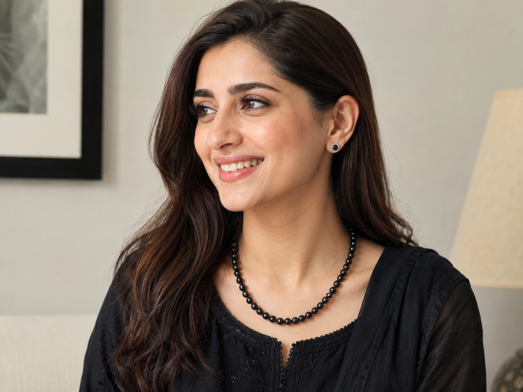 Black pearl necklace worn by a smiling Pakistani model in simple black clothing with a clean, natural indoor background.