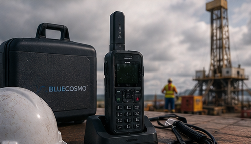 Satellite Communicator 4 BlueCosmo Inmarsat IsatPhone 2.1 Kit displayed with its case and safety equipment at a remote industrial worksite.