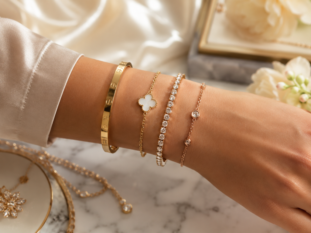 Bracelets for women styled on an elegant wrist with gold bangles, charm bracelets, tennis bracelets and delicate chain bracelets.
