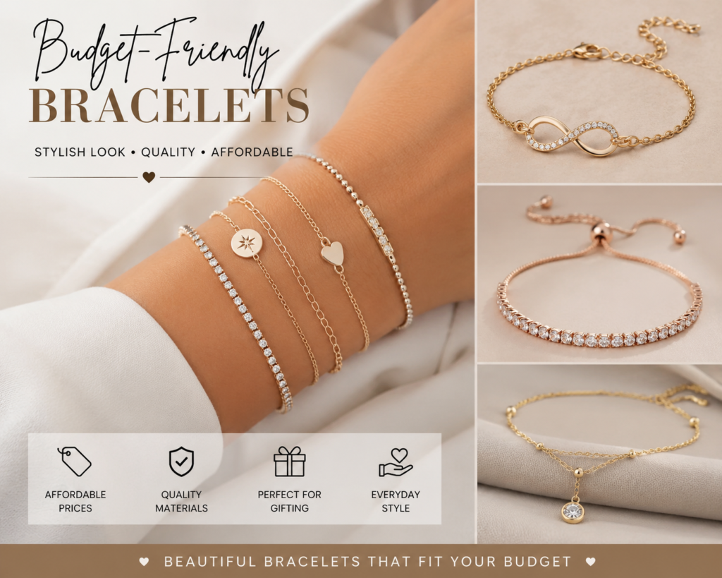 Budget-friendly bracelets styled on an elegant wrist with gold chain bracelets, tennis bracelets, charm bracelets and affordable luxury designs.