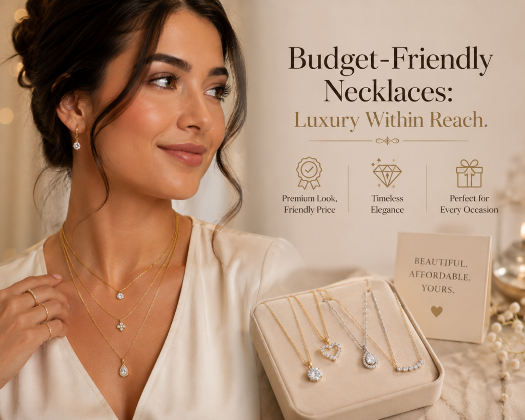 Budget-friendly necklaces styled on an elegant model with layered gold necklaces and affordable luxury jewelry displayed in a soft premium setting.