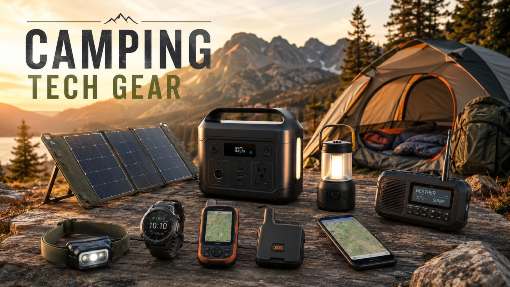 Camping tech gear at a mountain campsite with solar panel, portable power station, lantern, weather radio, GPS device, satellite communicator, smartwatch, headlamp, and smartphone map.