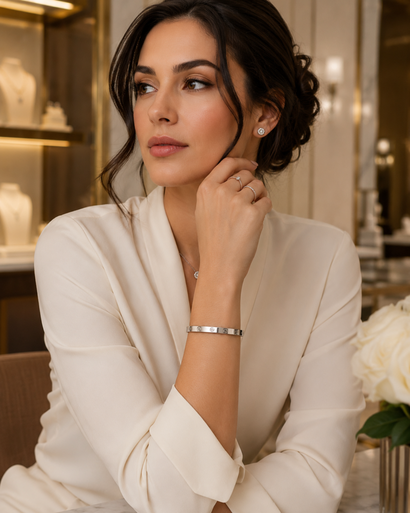 Cartier Love Bracelet in 18k white gold worn by an elegant model in a luxury boutique setting with premium white-gold jewelry styling.