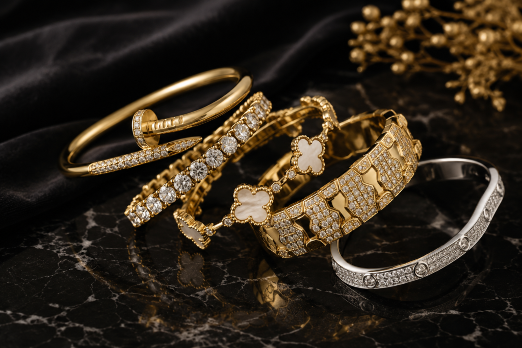 Luxury Jewelry Guide: Fine & Designer Jewelry 14 Designer jewelry luxury bracelets featuring diamond tennis bracelets, gold bangles, statement cuffs and a white-gold bracelet on black marble.