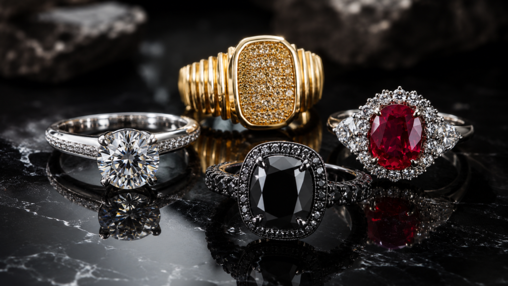 Luxury Jewelry Guide: Fine & Designer Jewelry 2 Designer jewelry luxury rings featuring a diamond solitaire, ruby ring, black diamond ring and gold statement ring on black marble.