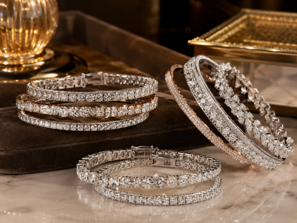 Diamond bracelets displayed in a luxury jewelry setting with sparkling tennis bracelets, white gold bangles and rose gold diamond bracelet designs.