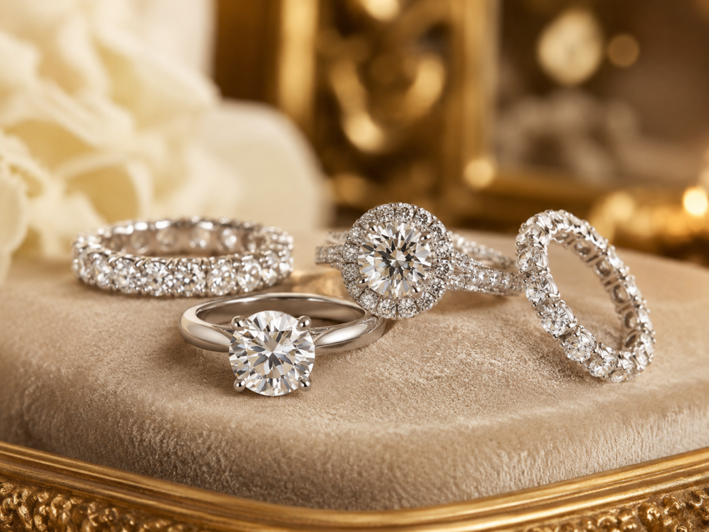 Diamond rings displayed in a luxury jewelry setting with solitaire, halo and eternity ring designs on a soft velvet surface.