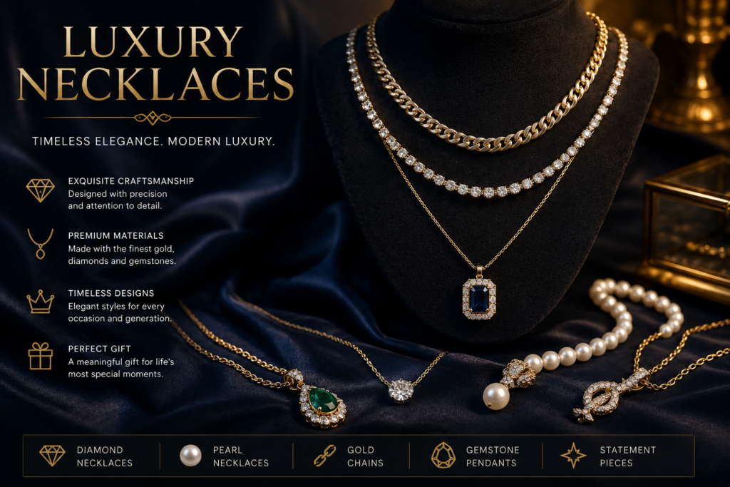 Luxury Jewelry Guide: Fine & Designer Jewelry 33 Fine jewelry luxury necklaces displayed on a black velvet bust with diamond necklaces, gold chains, pearl necklaces and gemstone pendants.