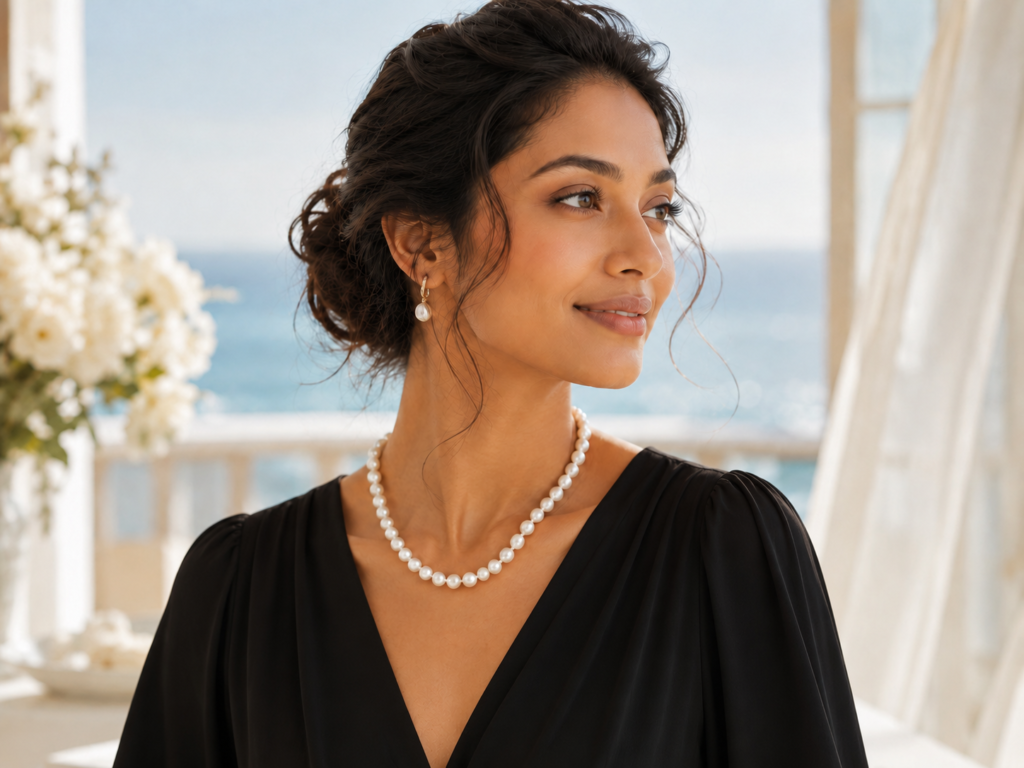 Freshwater pearl necklace worn by an elegant model in decent black clothing with a soft ocean view and airy coastal background.
