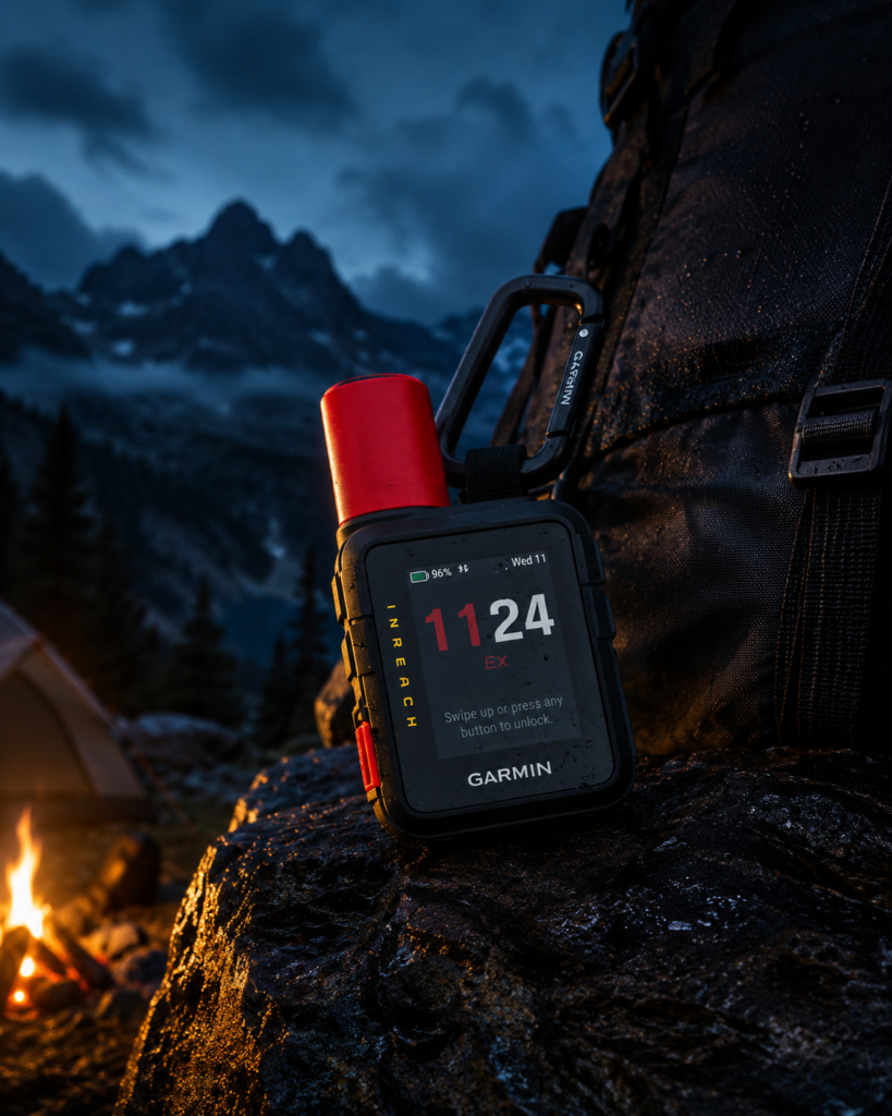 Satellite Communicator 10 Garmin inReach Mini 3 Plus Satellite Communicator attached to an outdoor backpack at a dark mountain campsite.