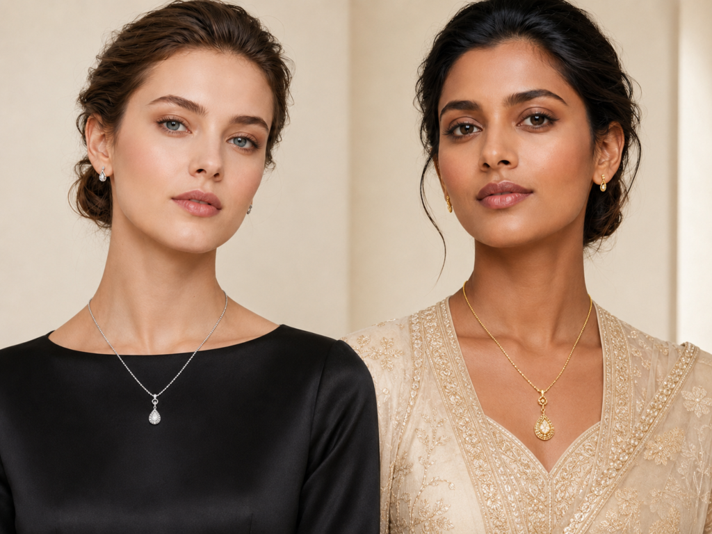 Gold and silver necklaces worn by two elegant models, with one model in a sophisticated black outfit and the other in a modest princess-style outfit.