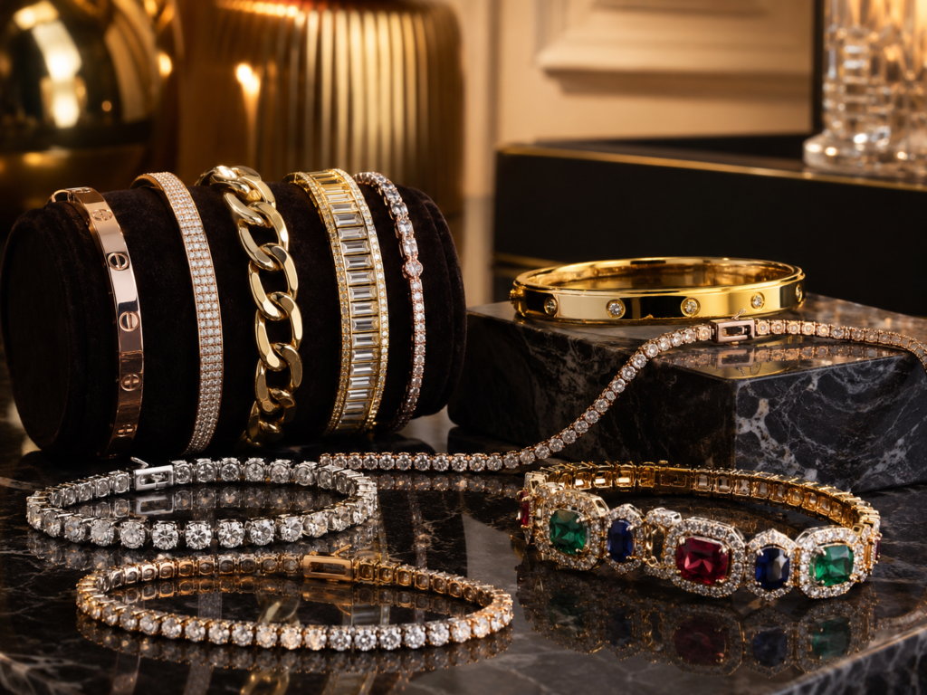 High-end expensive bracelets displayed in a luxury setting with diamond tennis bracelets, gold bangles, gemstone bracelets and premium statement designs.
