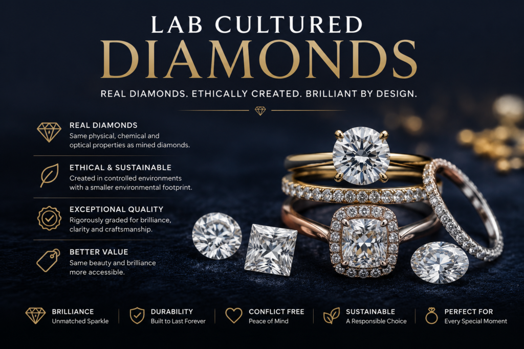 Lab cultured diamonds displayed with diamond rings and loose stones in a dark luxury setting, highlighting ethical, sustainable and brilliant jewelry.