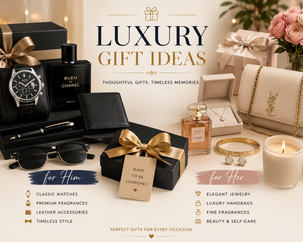 Luxury Lifestyle Gifts: Premium Gift Ideas for Every Occasion and Lifestyle 5 Luxury gift ideas for men and women featuring watches, fragrances, leather accessories, jewelry, handbags and elegant gift boxes.