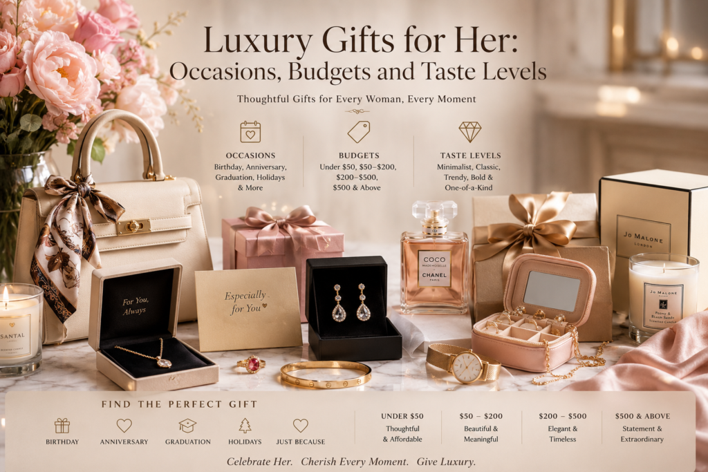 Luxury Lifestyle: Modern Luxury, Jewelry, Gifts & Quiet Elegance (2026) 3 Luxury Gifts for Her guide featuring jewelry, perfume, handbag, candles, gift boxes, flowers, and elegant presents by occasion, budget, and taste level.