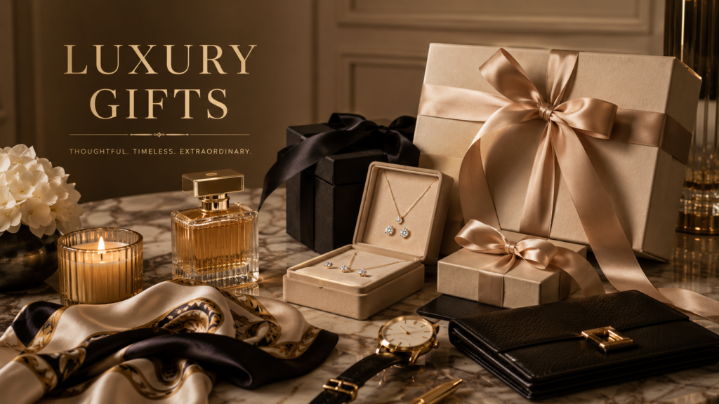 Luxury gifts displayed on a marble table with elegant gift boxes, jewelry set, perfume bottle, watch, silk scarf, candle, and leather accessory.