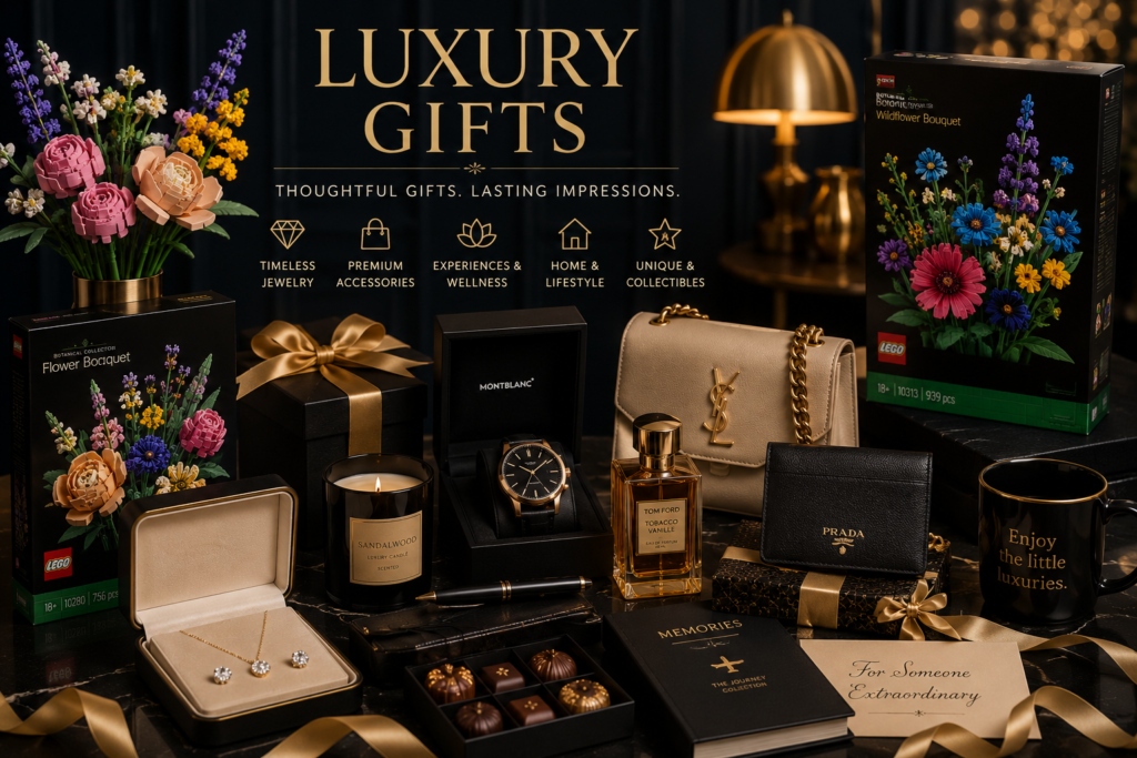 Luxury Lifestyle Gifts: Premium Gift Ideas for Every Occasion and Lifestyle 4 Luxury gifts display featuring LEGO Botanicals flower bouquets, fine jewelry, a premium watch, designer accessories, perfume, chocolates, and elegant gift boxes.