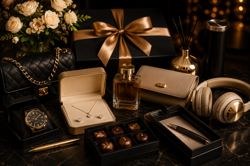 Luxury Lifestyle Gifts: Premium Gift Ideas for Every Occasion and Lifestyle 2 Luxury gifts including fine jewelry, a premium watch, designer handbags, perfume, headphones, chocolates, and an elegant wrapped gift box.
