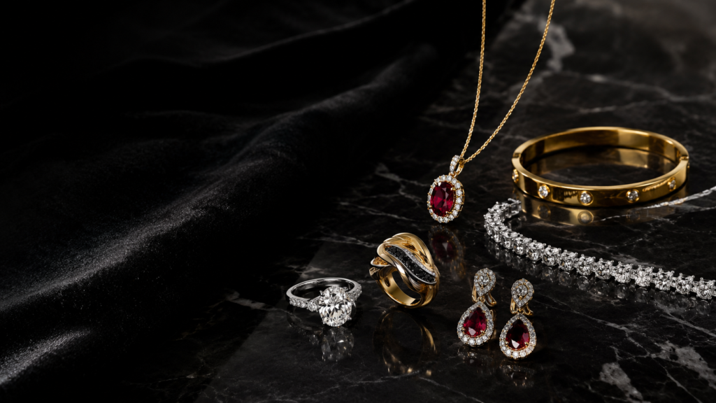 Luxury Jewelry Guide: Fine & Designer Jewelry 1 Luxury jewelry collection featuring diamond rings, a ruby necklace, gemstone earrings and gold and diamond bracelets on black marble.