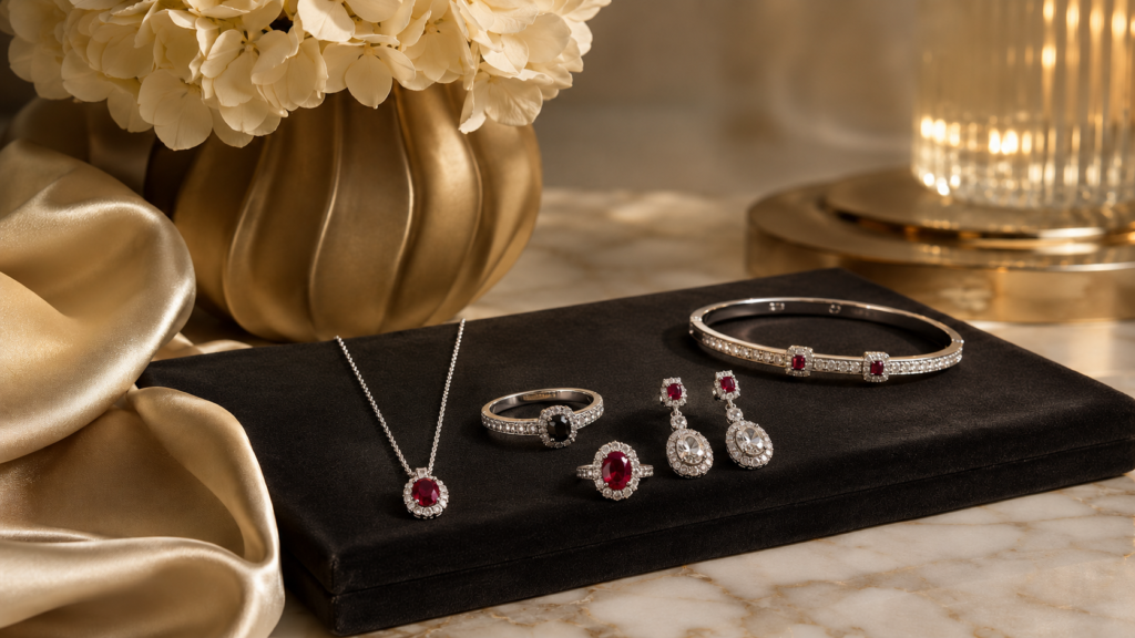 Luxury Lifestyle: Modern Luxury, Jewelry, Gifts & Quiet Elegance (2026) 2 Luxury jewelry display featuring ruby gemstones, black diamonds, white gold necklace, rings, earrings, bracelet, satin fabric, flowers, and marble styling.