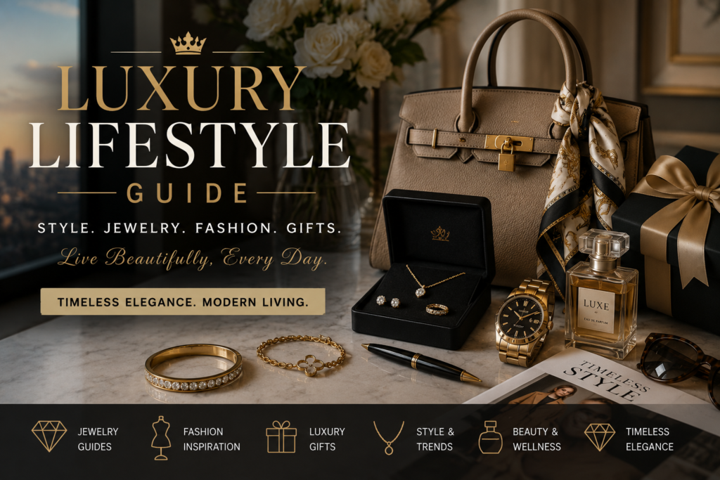 Luxury lifestyle guide hero image featuring elegant jewelry, designer-style accessories, perfume, watch, sunglasses, and refined fashion styling in a premium editorial setting.