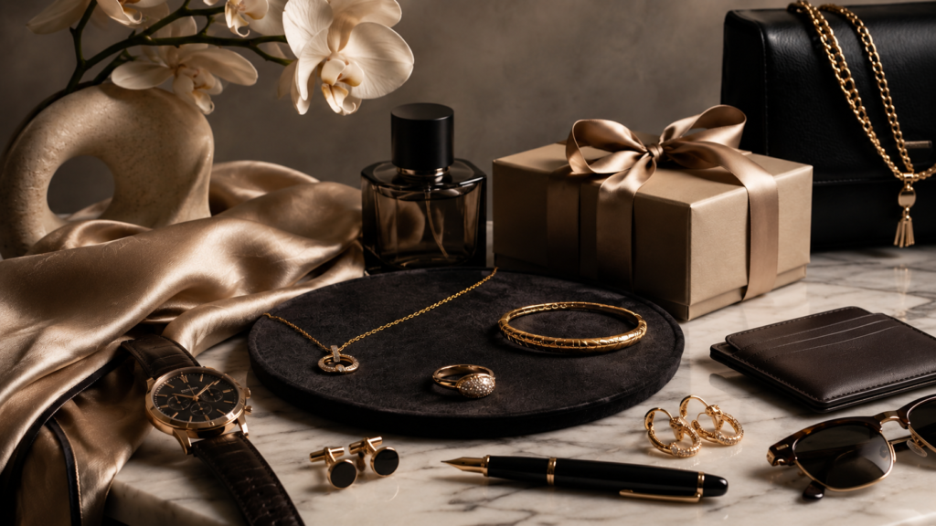 Luxury Lifestyle: Modern Luxury, Jewelry, Gifts & Quiet Elegance (2026) 1 Luxury lifestyle hero image featuring jewelry, men’s accessories, gift box, leather wallet, watch, fragrance, silk fabric, and elegant marble styling.