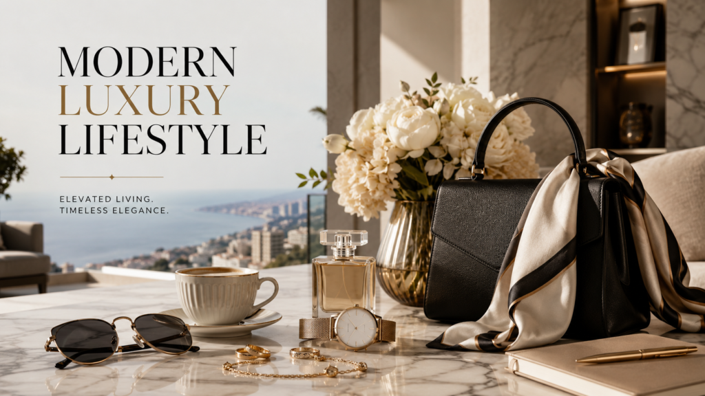 Modern luxury lifestyle scene with elegant fashion accessories, jewelry, perfume, watch, sunglasses, handbag, silk scarf, coffee cup, and refined interior styling.