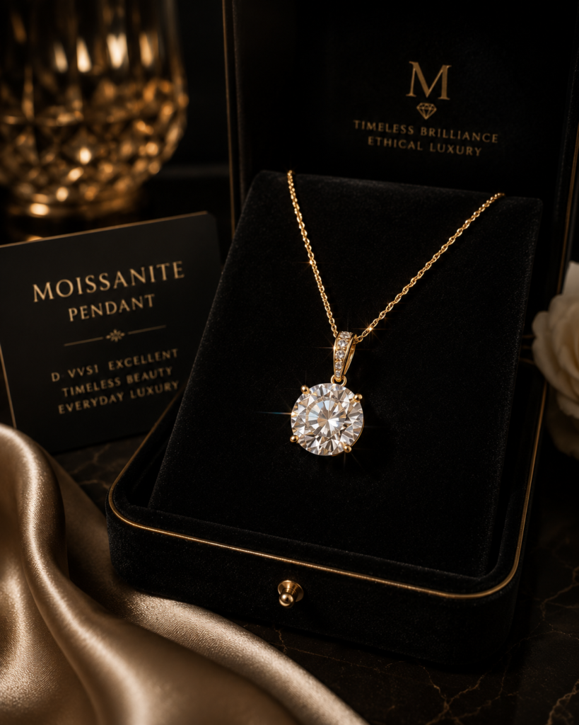 Moissanite pendant with a brilliant round stone on a gold chain, displayed in a black velvet jewelry box in an elegant luxury setting.