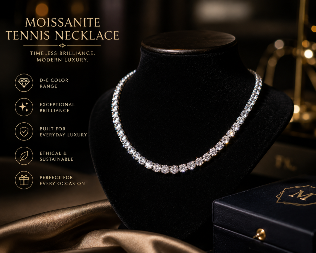 Moissanite tennis necklace with brilliant round stones displayed on a black velvet jewelry stand in an elegant luxury setting.