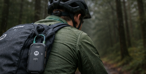 Satellite Communicator 18 Motorola Defy Satellite Link clipped to a mountain biker’s backpack while riding through a remote forest trail.