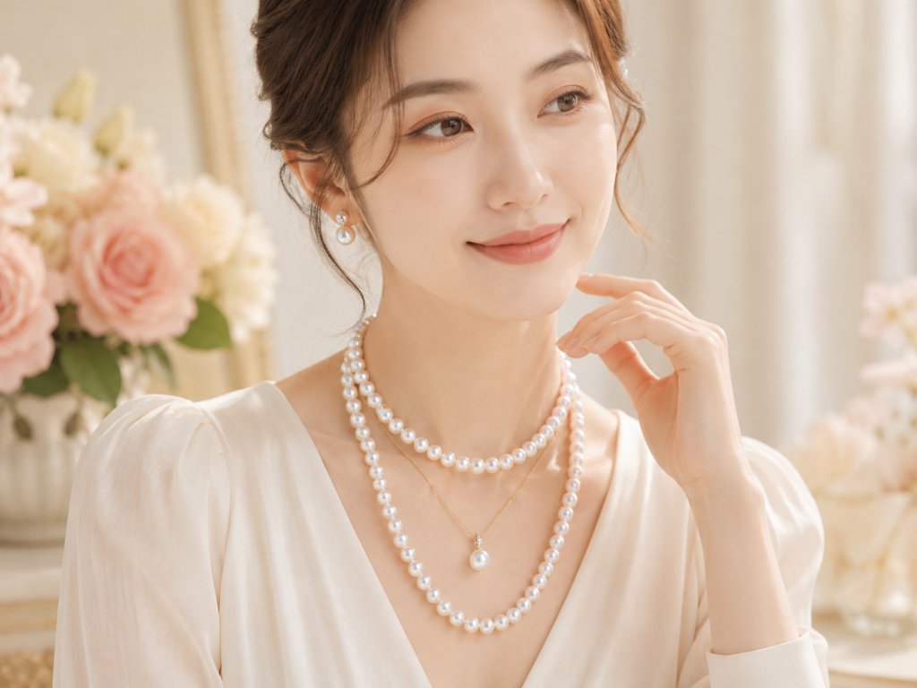 Pearl necklaces worn by a soft elegant model in a bright luxury setting with layered white pearls and a pearl pendant.