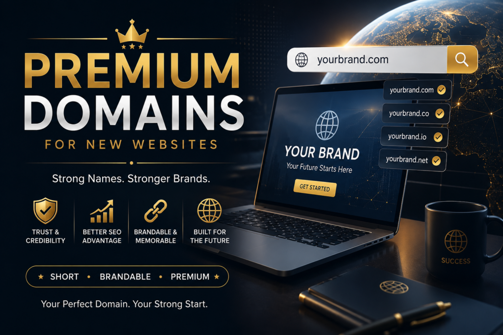Premium domains for new websites displayed with brandable domain options, SEO benefits, trust signals, and digital branding elements.
