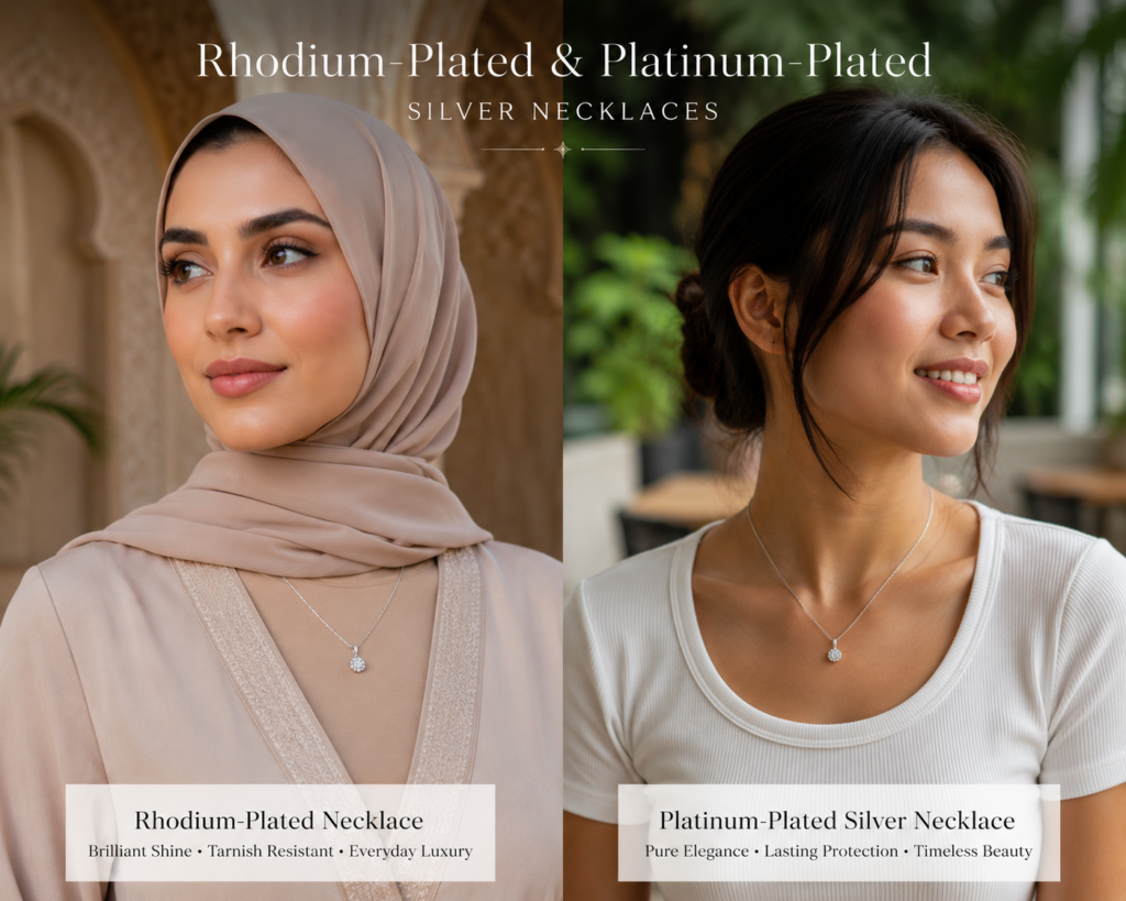 Rhodium-plated necklace and platinum-plated silver necklace worn by two elegant models, one Middle Eastern model in modest clothing and one Thai model in casual non-revealing clothing.
