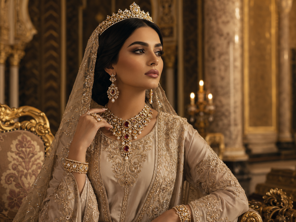 Arab princess wearing royal heritage jewelry with a jeweled crown, statement necklace, earrings and bracelets in a grand palace setting.