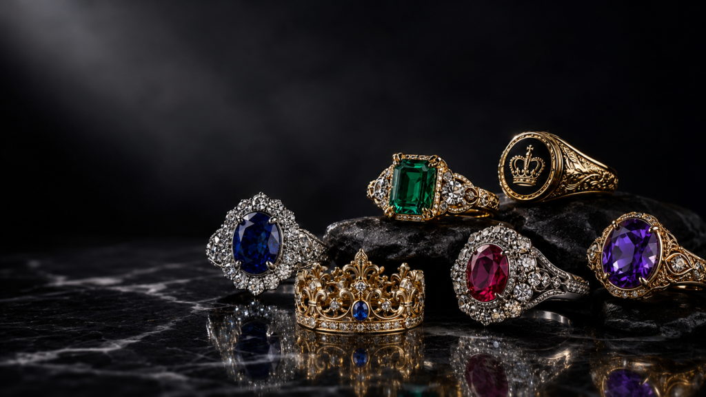 Royal pieces rings featuring sapphire, ruby, emerald and Amethyst gemstones with crown motifs, diamond halos and ornate gold settings