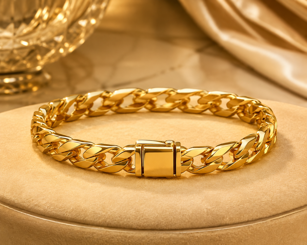 Solid 18K gold bracelet displayed on a velvet jewelry stand with a rich yellow gold finish and premium luxury styling.