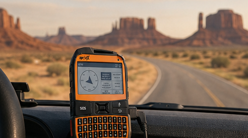 Satellite Communicator 6 SPOT X satellite messenger mounted inside an off-road vehicle traveling through a remote desert landscape.