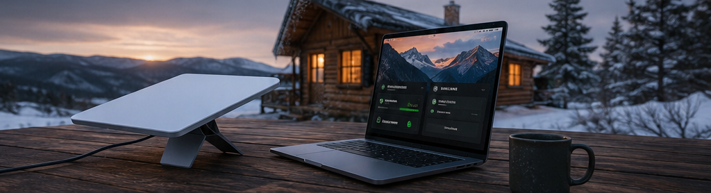 Satellite Communicator 20 SpaceX Starlink Mini Portable Gen4 Kit beside a laptop on the deck of a remote snow-covered mountain cabin.
