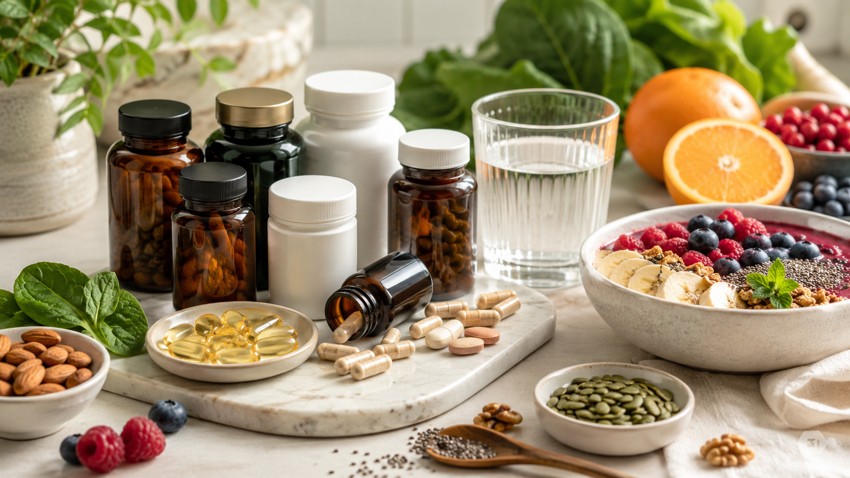 Supplements, vitamins and nutrition homepage hero image featuring vitamin bottles, capsules, omega-3 softgels, fresh fruits, greens, nuts, seeds and a healthy smoothie bowl.