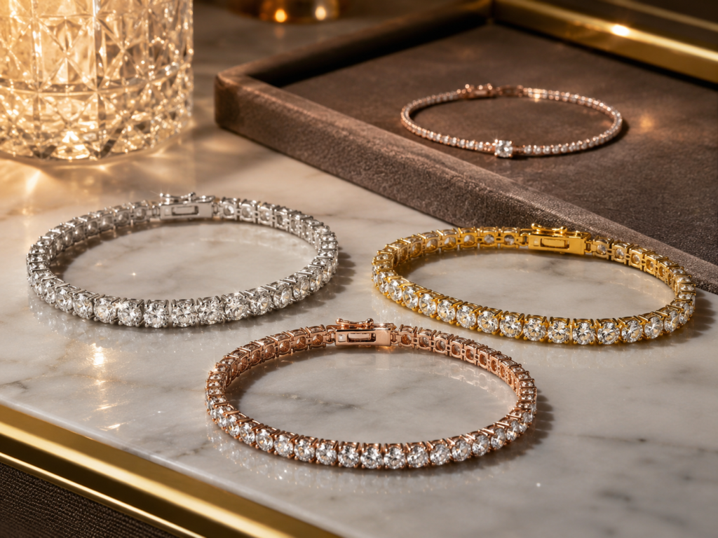 Tennis bracelets displayed on a marble surface in silver, gold and rose gold finishes with sparkling diamond-style stones.