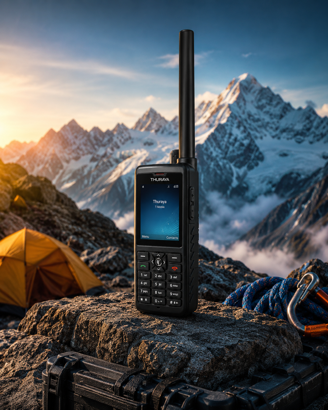 Satellite Communicator 2 Thuraya XT-PRO Dual Satellite Phone displayed on rugged mountain terrain with climbing gear and a remote expedition campsite.